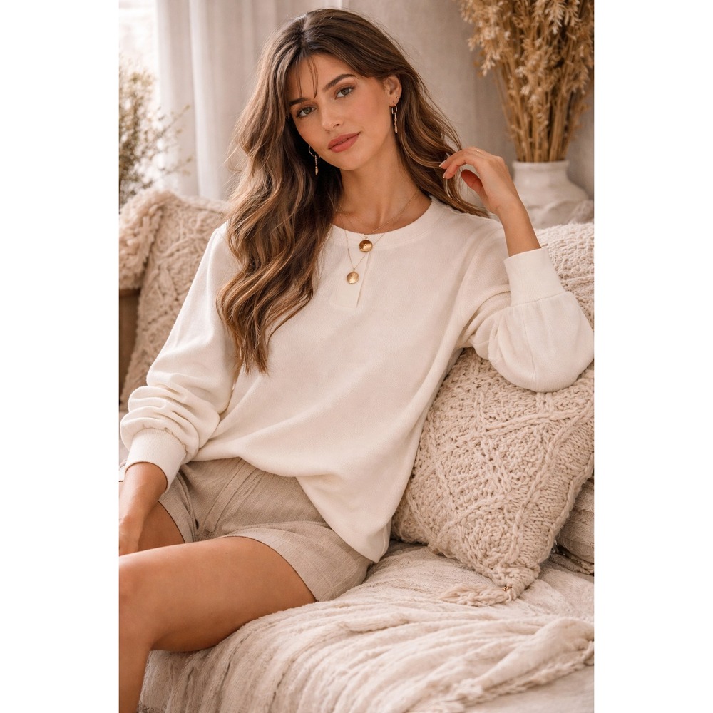 Falls Creek Romy Puff Sleeve Henley Sweatshirt Ivory Minimalist‎ Cottage Large